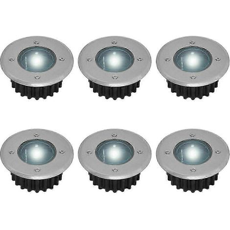 Ensemble de six spots LED solaires encastrés au sol, de diamètre rond 85 mm, résistants aux chocs, pour façades en acier inoxydable. (1/5)