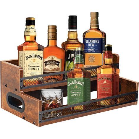 Étagère de présentation pour bouteilles de liqueur, sirop de café, étagère à vin à 2 niveaux, organiseur de 10 bouteilles de café avec clôtures et poignées, support rétro pour la maison, pour liqueur, (1/5)