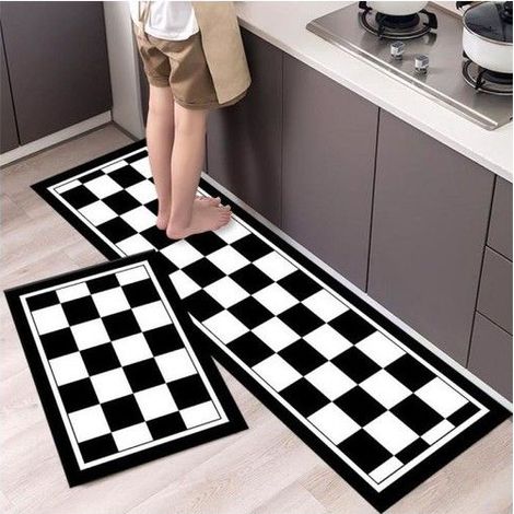 Lavable En Machine Tapis De Cuisine, Damier Noir Et Blanc Image Super Absorbants Tapis De Cuisine, Tapis De Cuisine Antiderapant (1/4)