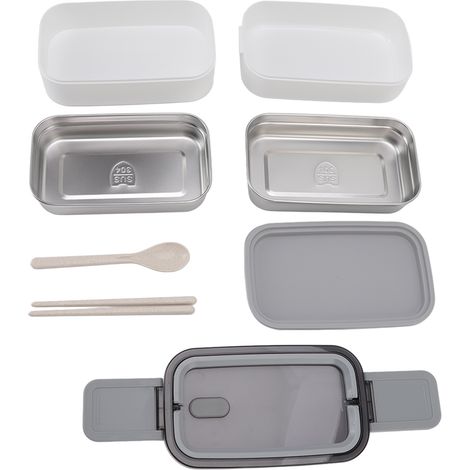 Lot en acier inoxydable 304 micro-ondable, boîte bento double couche avec baguettes et cuillère, compartimenté pour repas adulte au travail. (1/5)