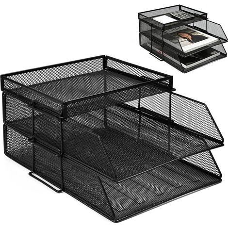 Organisateur Bureau Métal 2 Niveaux Corbeille À Courrier Et Rangement Papier Empilable Plateau pour Documents A4, Fournitures Et Revues Idéal pour Bureau, Maison Et École (1/5)