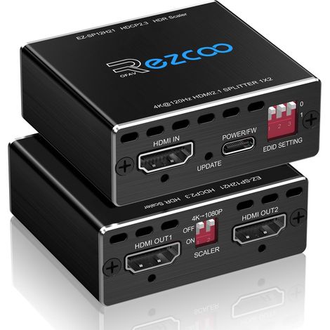 Splitter HDMI 2.1 4K 120Hz 8K 60Hz 1 entrée 2 Sorties VRR ALLM HDCP2.3 HDR10 8K UHD Dolby Vision Atmos Scaler 4K EDID 1080P HDMI 2.1. Répartiteur 1x2 Compatible avec PS5, SkyQ, Xbox, NVIDIA, AMD. (1/5)