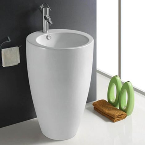 Rue Du Bain – Lavabo sur colonne rond en céramique blanc brillant – Diamètre 50 cm – Hauteur 85 cm – Avec trop plein et plage de robinetterie