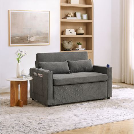 REDOM - Divano letto, funzione divano letto e chaise longue, sistema scorrevole, porte USB integrate, legno e tessuto grigio scuro (1/5)