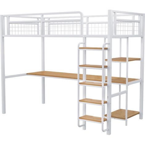 Metall-Hochbett 90x200 cm weiß mit Leiter, Schreibtisch und Regalen (1/5)