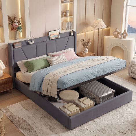 Lit Coffre 160x200 cm, avec ports USB Type-C, lit double rembourré en lin, lit avec sommier, scandinave - Gris (1/5)