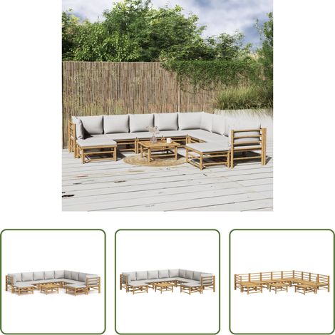 Bambusmöbel - 11-tlg. Garten-Lounge-Set mit Hellgrauen Kissen Bambus (1/5)