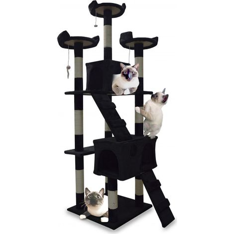 XL Katzen Kratzbaum Schwarz Katzenbaum Katzenhaus Katzenturm Sisal Plüsch Kratzsäule 170cm 3 Etagen Plüsch Sisal 2 Schlafhöhlen