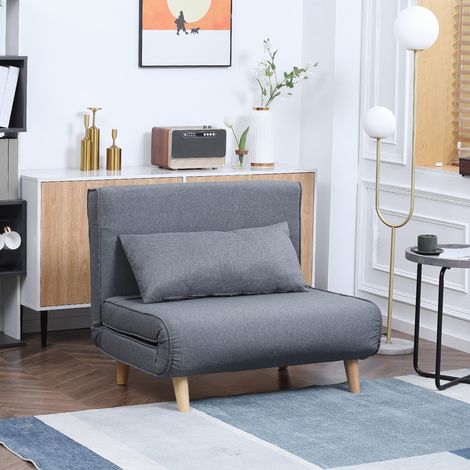 Canapé-lit une place, canapé convertible, canapé-lit pliant, dossier réglable, méridienne, style scandinave nordique, mousse 25D, revêtement aspect lin, bois d'hévéa, gris, 94 x 78 x 80 cm