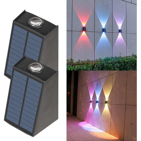 Lot de 2 appliques murales solaires, 2 LED haut et bas, éclairage d'extérieur étanche à énergie solaire pour mur,rampe,porche jardin, couleur fixe RVB (1/5)