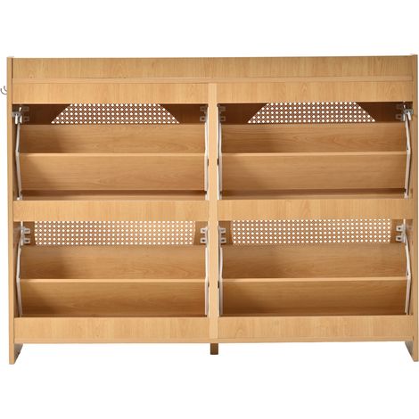 Zapatero moderno 120 x 24 x 90 cm en MDF con 4 puertas abatibles y 2 ganchos, color natural (1/5)