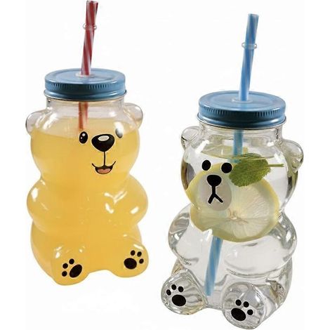 Kawaii Bären-Trinkbecher aus Klarglas, 560 ml (19 oz), mit Deckel und Strohhalm. Niedliche Kawaii Bären-Glasflasche/-becher für Saft, Milch oder Tee. (1/5)