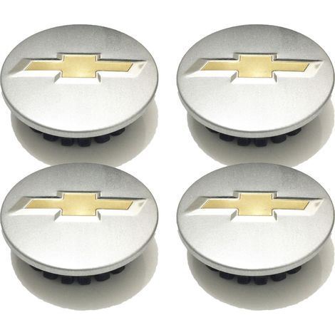 Quatre enjoliveurs de roue de 59 mm à 20 fixations, adaptés aux Chevrolet Cruze, Malibu et Aveo, base argentée avec logo doré. (1/4)