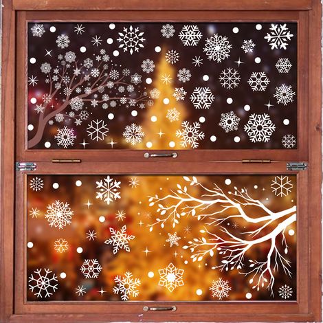 Autocollants pour fenêtre flocons de neige blancs et branches d'arbre, autocollants scène de forêt enneigée avec colibris, décorations de Noël hivernales, décorations de fenêtre statiques, anti-collis
