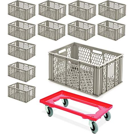 BRB 12x Eurobehälter durchbrochen 600x400x280 mm, 56 Liter, kieselgrau Plus Transportroller mit Flüsterrollen