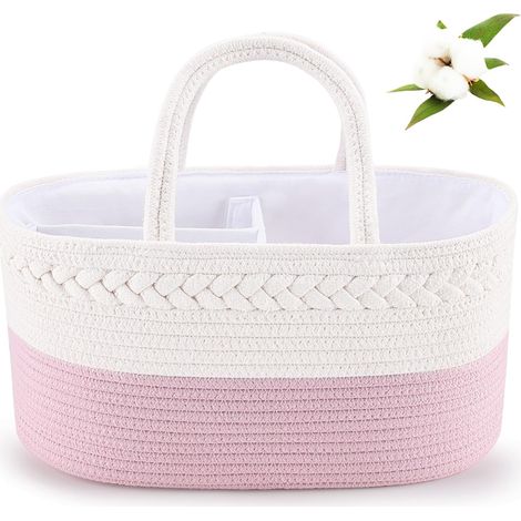 Boîte de rangement pour couches - panier de rangement en corde de coton pour articles de bébé, cadeau pour garçons et filles, rose.