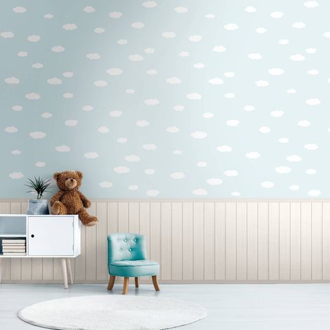Fototapete Profhome 398161 heißgeprägte Vliestapete leicht strukturiert Kindertapete matt beige licht-blau creme-weiß hell-grau 1,59 m x 2,8 m