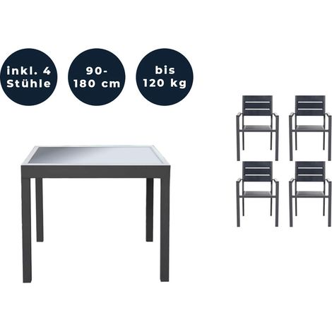 HOME DELUXE - Table de jardin extensible - VERANO - env. 90 (180) x 90 x 75 cm - avec 4 chaises, structure en aluminium, plateau en verre, accessoires inclus I Meubles de jardin Table extensible Ensem