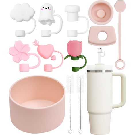 Lot de 12 embouts pour accessoires Stanley, 7 couvercles de paille de formes différentes, 2 bouchons étanches, 1 anneau en silicone antidérapant pour la Coupe Stanley, 2 goupillons (rose) (1/5)