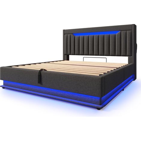 Letto matrimoniale imbottito 160x200 cm grigio con contenitore, LED, USB e USB-C (1/5)