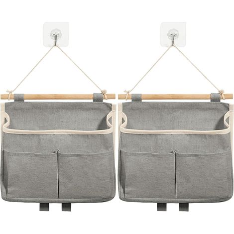 2 Pièces Sac de Rangement Suspendu, Organisateur Mural avec Poche et Crochets, Empilable Tissu Lin Pliable pour Chambre, Bureau, Cuisine (Gris) (1/5)