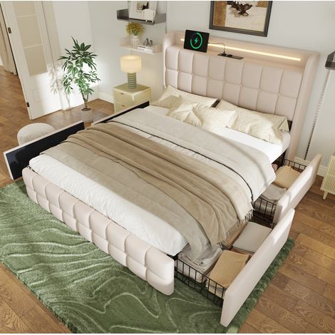 Cama tapizada moderna 160x200 cm beige con cabecero USB y enchufes, LED, 4 cajones, somier de láminas (1/5)