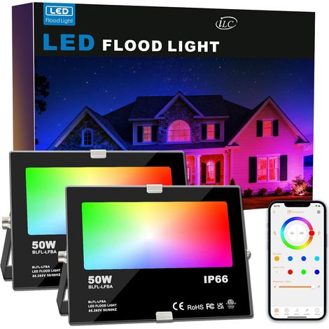 RGB Projecteur 50W, Bluetooth, LED Exterieur Intelligente Changement de Couleur Rgbw Spot LED de Couleur, IP66 Etanche (2 Unité) (1/5)