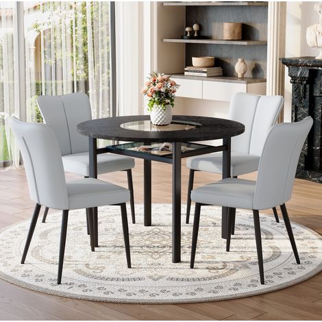 REDOM - Ensemble table à manger ronde et 4 chaises, plateau avec verre intégré, étagère en verre, MDF verre métal PU noir gris clair (1/5)