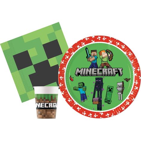 Kit Party Tavola Minecraft per 24 persone (88 pezzi: 24 piatti Ø23cm, 24 bicchieri 200ml, 40 tovaglioli 33x33cm) (1/2)