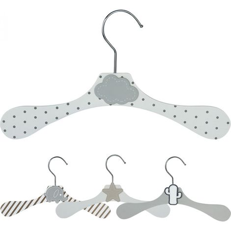 Lot de 10 cintres en bois 28 cm pour bébé, enfant avec crochet pivotant - Cintre blanc à pois gris - Nuage gris - Monsieur Bébé