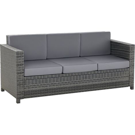 Poly-Rattan Sofa mit Kissen 3-Sitzer Garten Loungesofa Metall Polyester Grau 185 x 70 x 80 cm