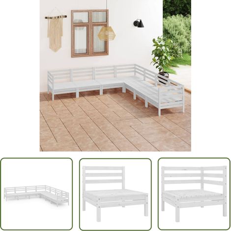 The Living Store Salon de jardin 7 pcs Bois de pin massif Blanc - Salon De Jardin - Ensemble De Salon De Jardin - Fauteuil De Jardin - Table Basse - Bois De Pin (1/5)