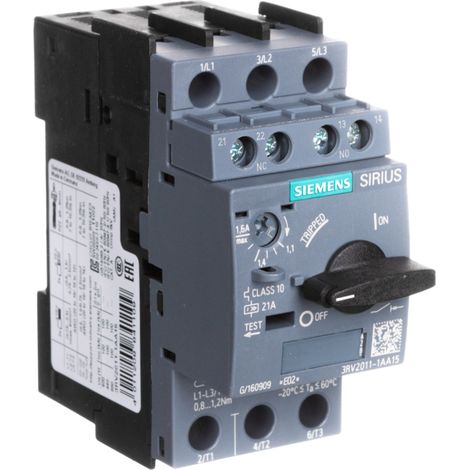 Disyuntor de motor 3P 1.1-1.6A 1NO 1R S00 3RV2011-1AA15