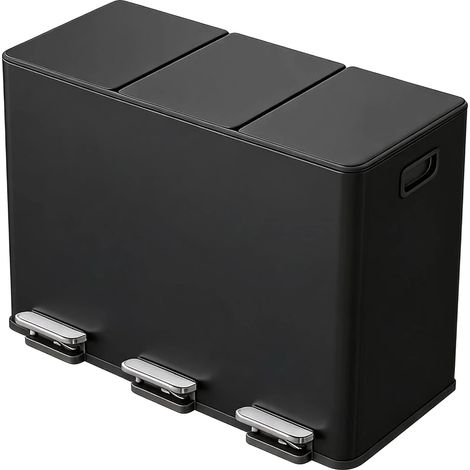 Poubelle de recyclage de cuisine, triple compartiments, pédale à fermeture douce, noir (1/2)