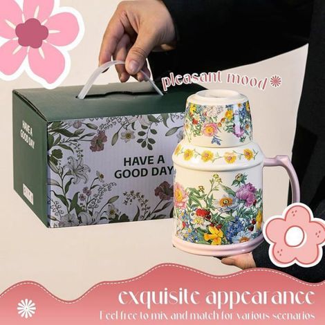 Théière - Céramique - 650 ml - Motif Fleurs - Avec Couvercle Convertible En Tasse Et Soucoupe - 1 Pièce (1/5)