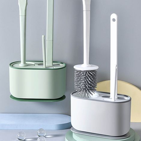 Brosse de toilette à manche long avec support ventilé et double brosse flexible - Set de nettoyage profond en plastique blanc (1/5)