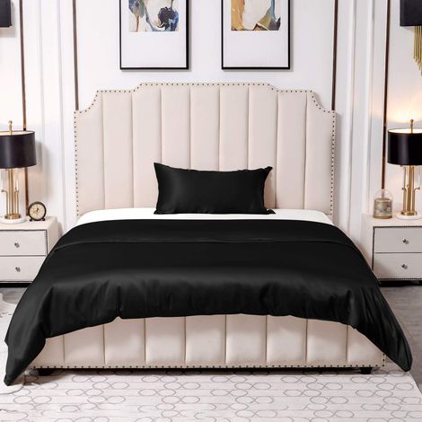 Parure de lit 25 Momme en soie - 2 pièces - Housse de couette 155 x 220 cm et taies d'oreiller 40 x 80 cm - Hypoallergénique - En soie de mûrier - Ultra douce et lisse - Noir (1/5)