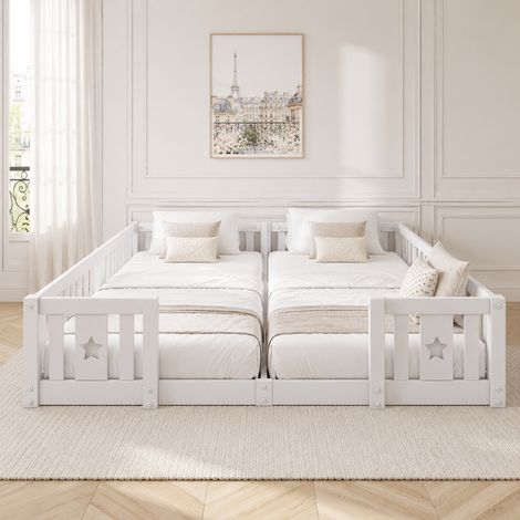Lit Enfant Double 180x200 cm, Lit Barreaux avec Motif Étoiles, Barrières de Sécurité Inclusesr, Pas de Sommier à Lattes, Blanc (1/5)