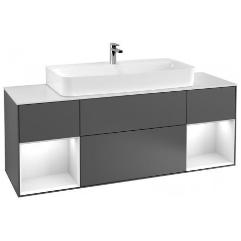 Finion, Meubles sous lavabo, 1600 x 603 x 501 mm, Angulaire,avec meuble étagère (éclairé), modèle suspendu, En bois, lavabo au milieu, éclairage LED, 2x LED / 2,3W, 2700 K à 6480 K, Glossy White Lacqu