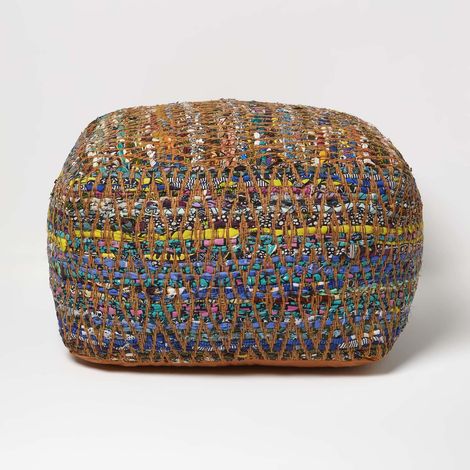 HOMESCAPES Multicolour Chindi Design Bean Filled Pouffe Large 60 x 60 x 30 cm