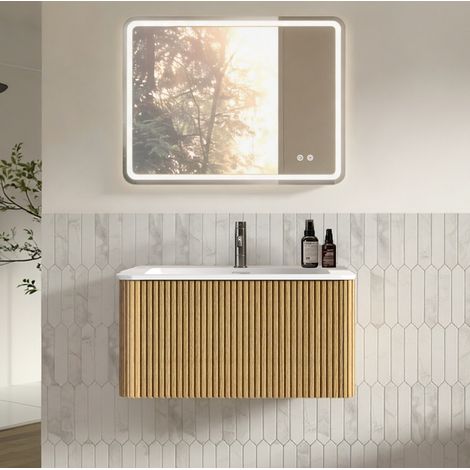 Badmöbel-Set mit LED-Spiegel, wandhängender Waschtisch, vormontiert, Eichenoptik, Kunststein, Glas, MDF, Sperrholz (1/5)