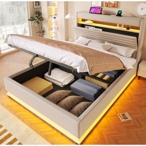 Lit capitonné moderne en lin beige 140x200 cm avec tête de lit, LED, USB/Type-C et coffre hydraulique