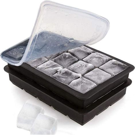 Schwarze Silikon-Eiswürfelform mit 15 Fächern und transparentem Deckel zur Herstellung von hausgemachten Eiskugeln. Leicht zu entnehmen. (1/5)