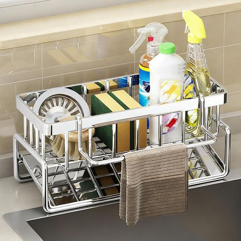 Organisateur Évier Inoxydable Brosses Torchon, Égouttoir, Argent, Cuisine, Plan Travail, Porte-Éponge (1/5)