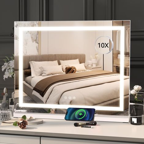 Miroir Maquillage Lumineux 80x60cm, Miroir LED Hollywood, 3 températures de Couleur, Touche Tactile, Port de Chargement USB, Loupe 10x, Installation Murale/sur Table pour Coiffeuse (1/5)