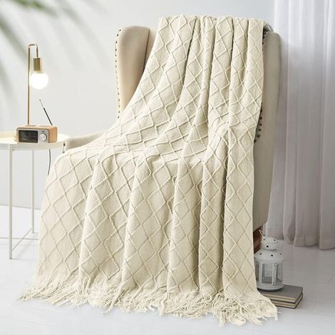 Checkered Knitted Blankets, Bedspread, Fringed Blanket, Decoration, Knitted Blanket, 150 x 200 cm (Beige) (1/5)