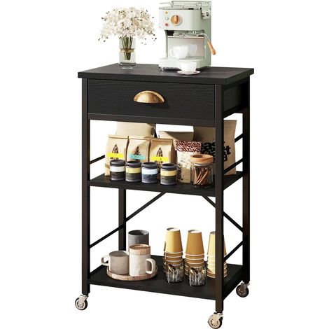 Étagère boulanger de cuisine avec tiroirs, support à 3 niveaux pour four à micro-ondes avec espace de rangement, table de bar à café avec roulettes, étagère réglable, montage simple, noir