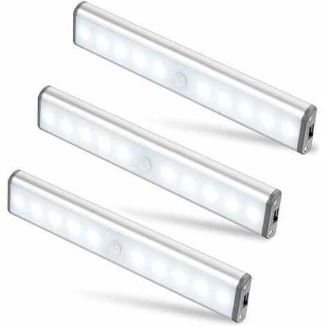 Lot de 3 Lampes 10 LED, Sans Fil, Rechargeable par USB, Aimanté, Détecteur de Mouvement, 2 Modes d’Éclairage, Portable. Lumière de Placard, Baladeuse de Secours, Veilleuse Enfant, Appoint … [Cl
