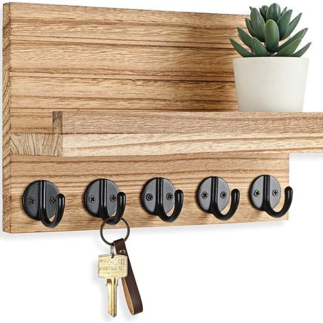 Portachiavi decorativo da parete in legno con 5 ganci, ideale per ingressi, corridoi, camere da letto e soggiorni. Portachiavi in legno marrone. (1/5)