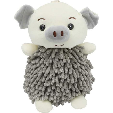 Serviette chenille en forme d'animal motif cochon 3D boule duveteuse douce moelleuse séchage rapide grise (1/5)